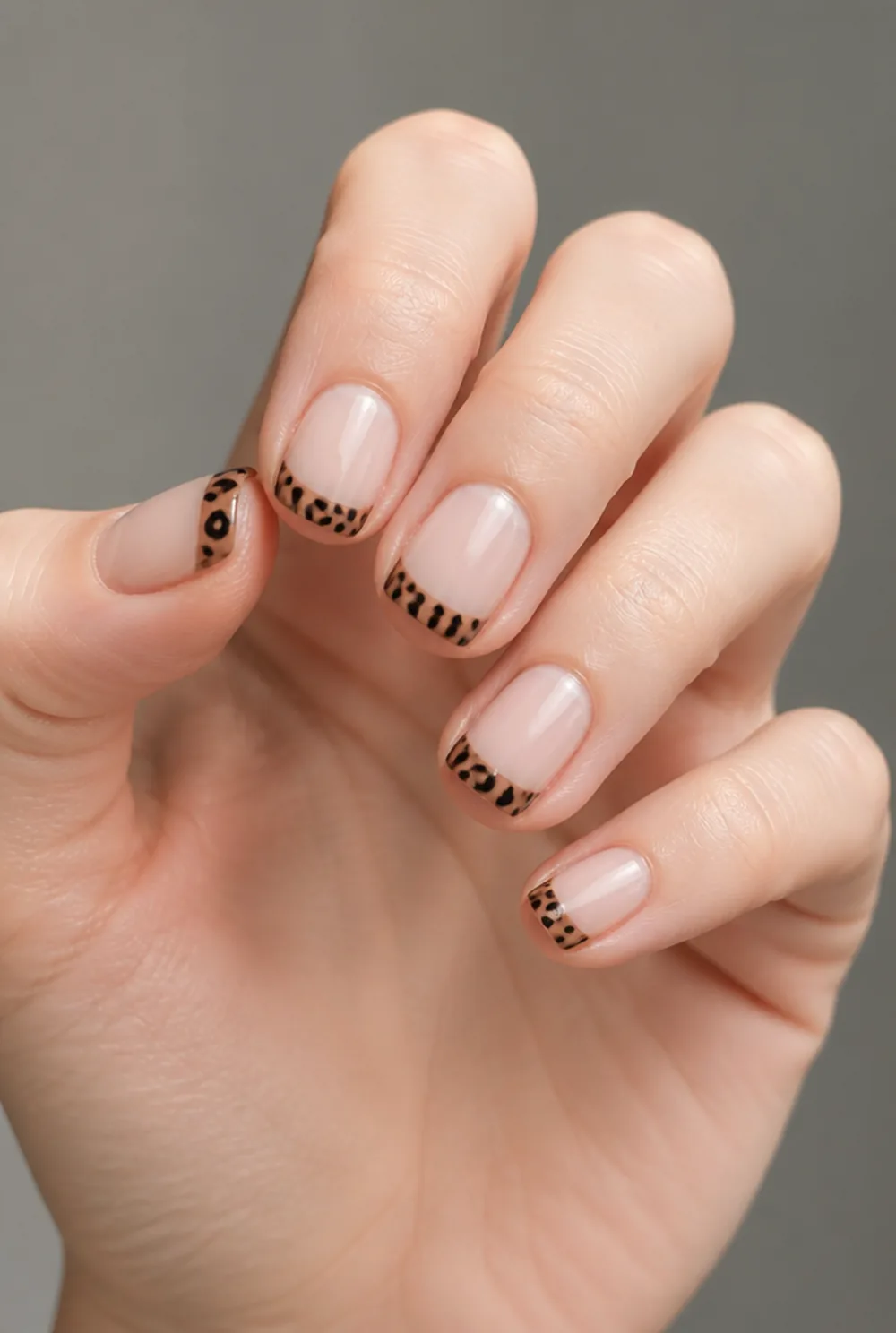 leopard french tip nail art on fair skin, short length