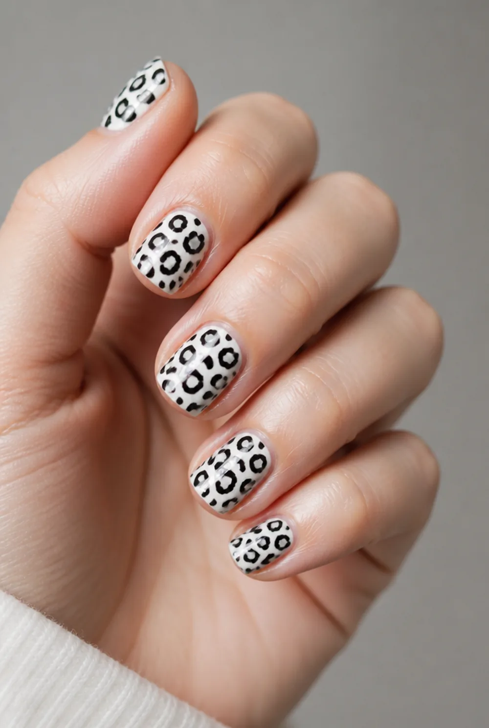 black and white leopard nail art on fair skin, short length