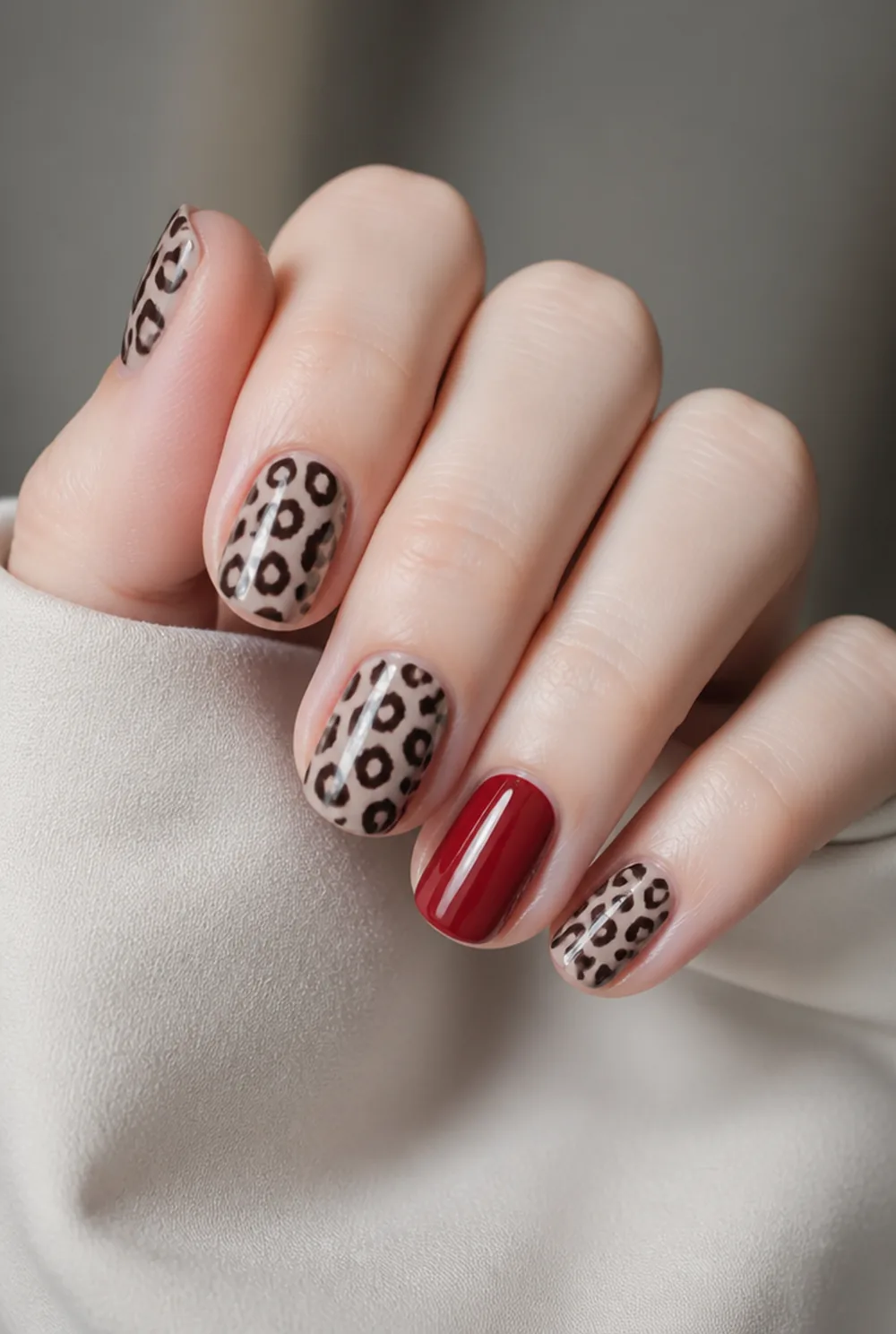 leopard with red nail art on fair skin, short length