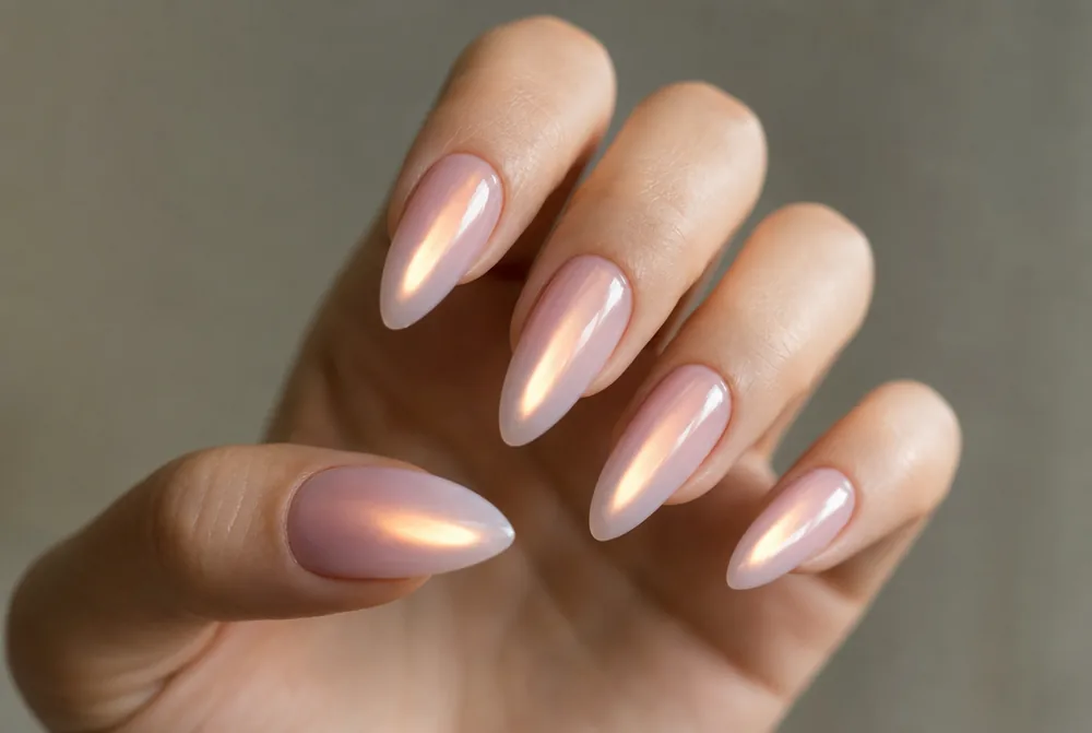 long almond aura nails with elongated glow