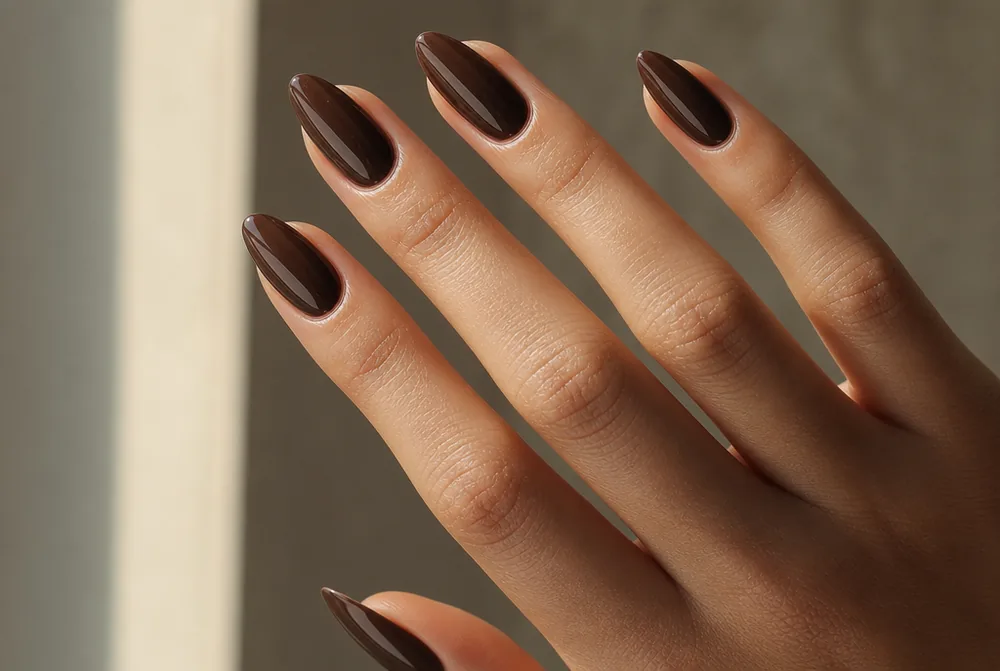 long almond brown nails with glossy finish