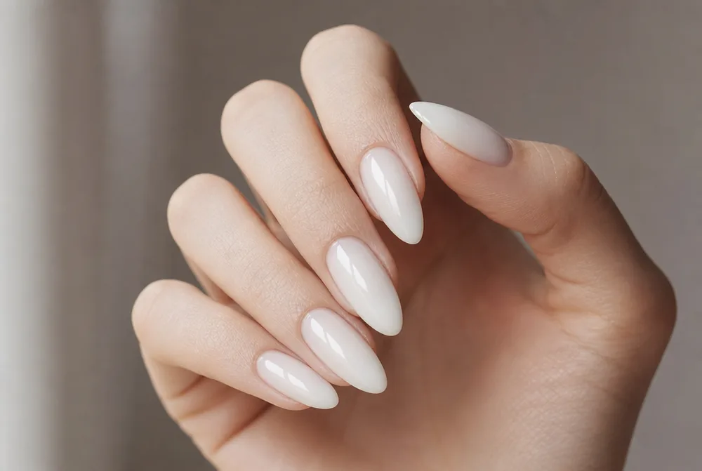 long almond milky white nails with glossy finish