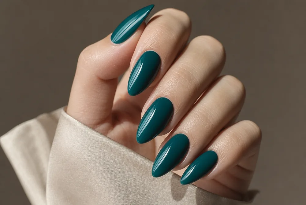 long almond teal nails with glossy finish