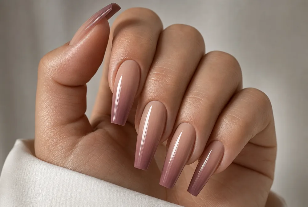 long coffin ombre nails with full length fade