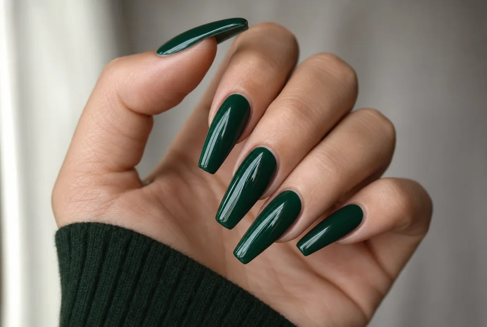 long green coffin nails with glossy finish