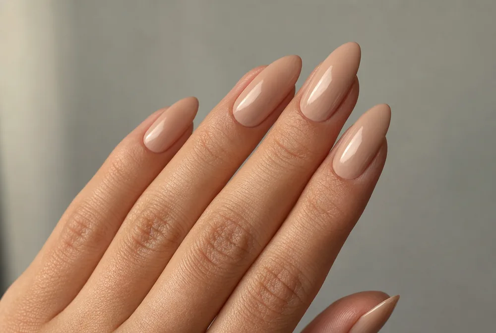 long nude almond nails with glossy finish