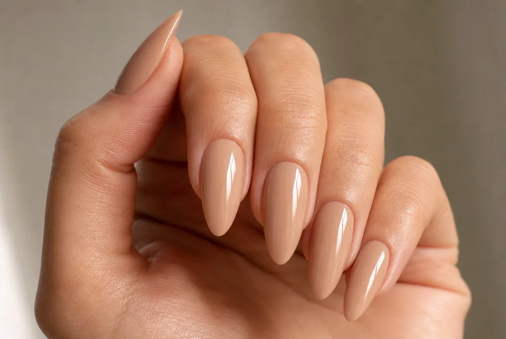 long nude almond nails with glossy finish