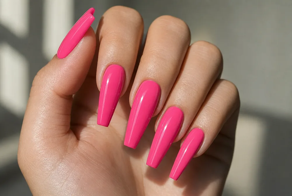 long pink coffin nails with glossy finish