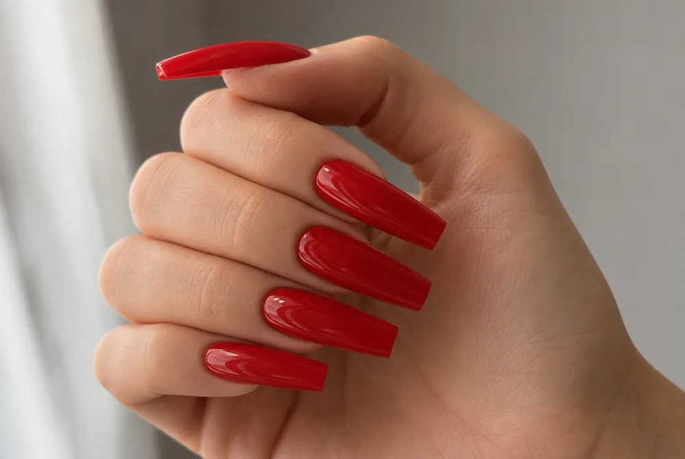 long red coffin nails with glossy finish