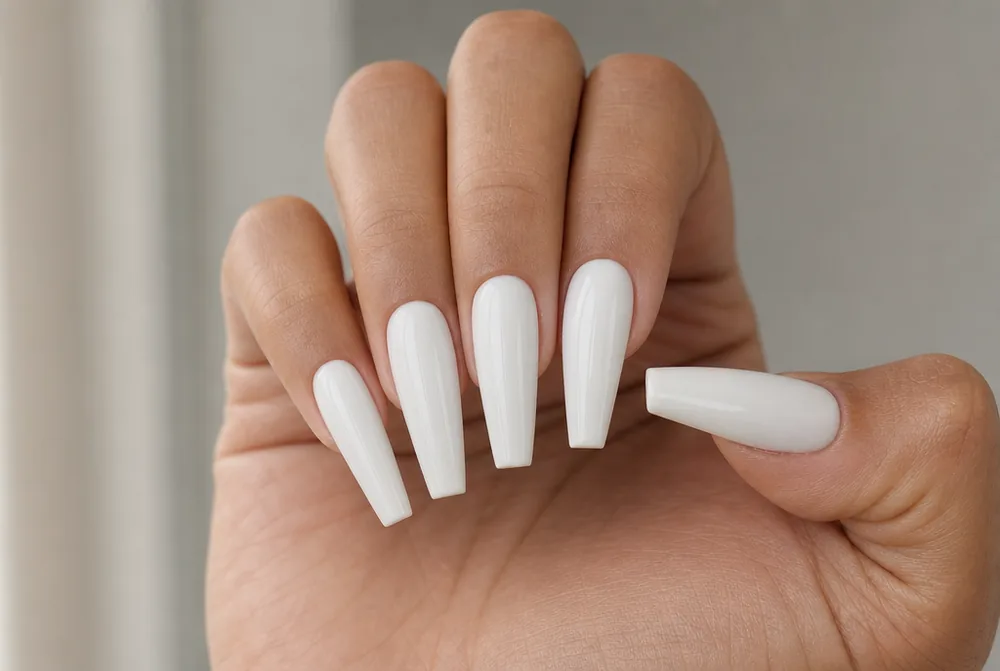 long white coffin nails with glossy finish