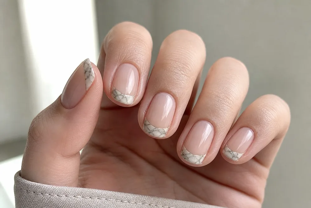 marble French tip nails with veined tips