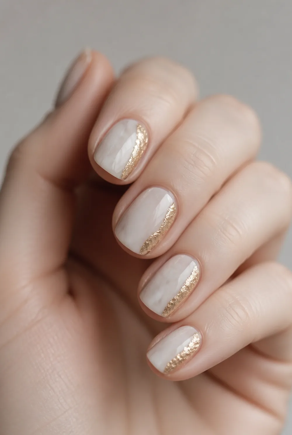 marble with gold foil edge nail art on fair skin, short length