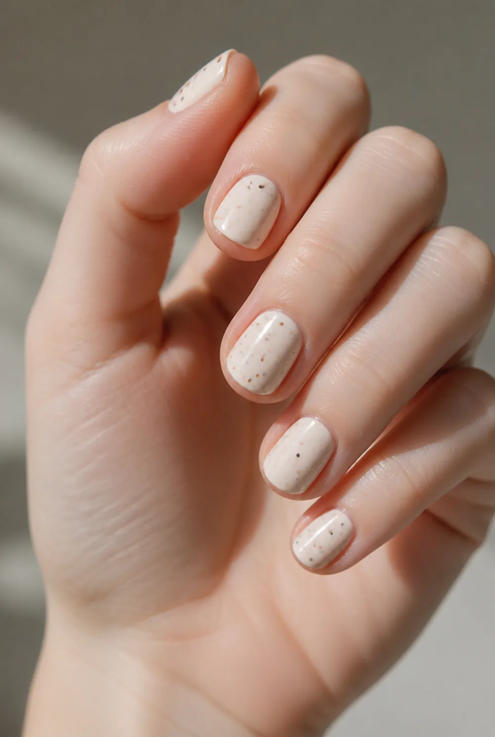 terrazzo nail art on fair skin, short length