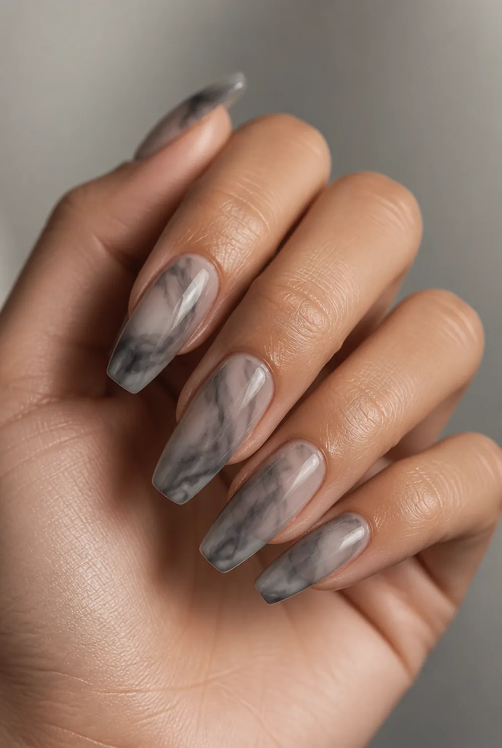 smoke marble nail art on olive skin, long length