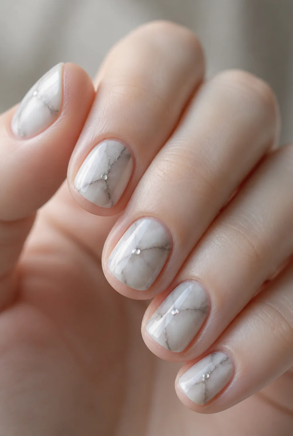 marble with rhinestone nail art on fair skin, short length