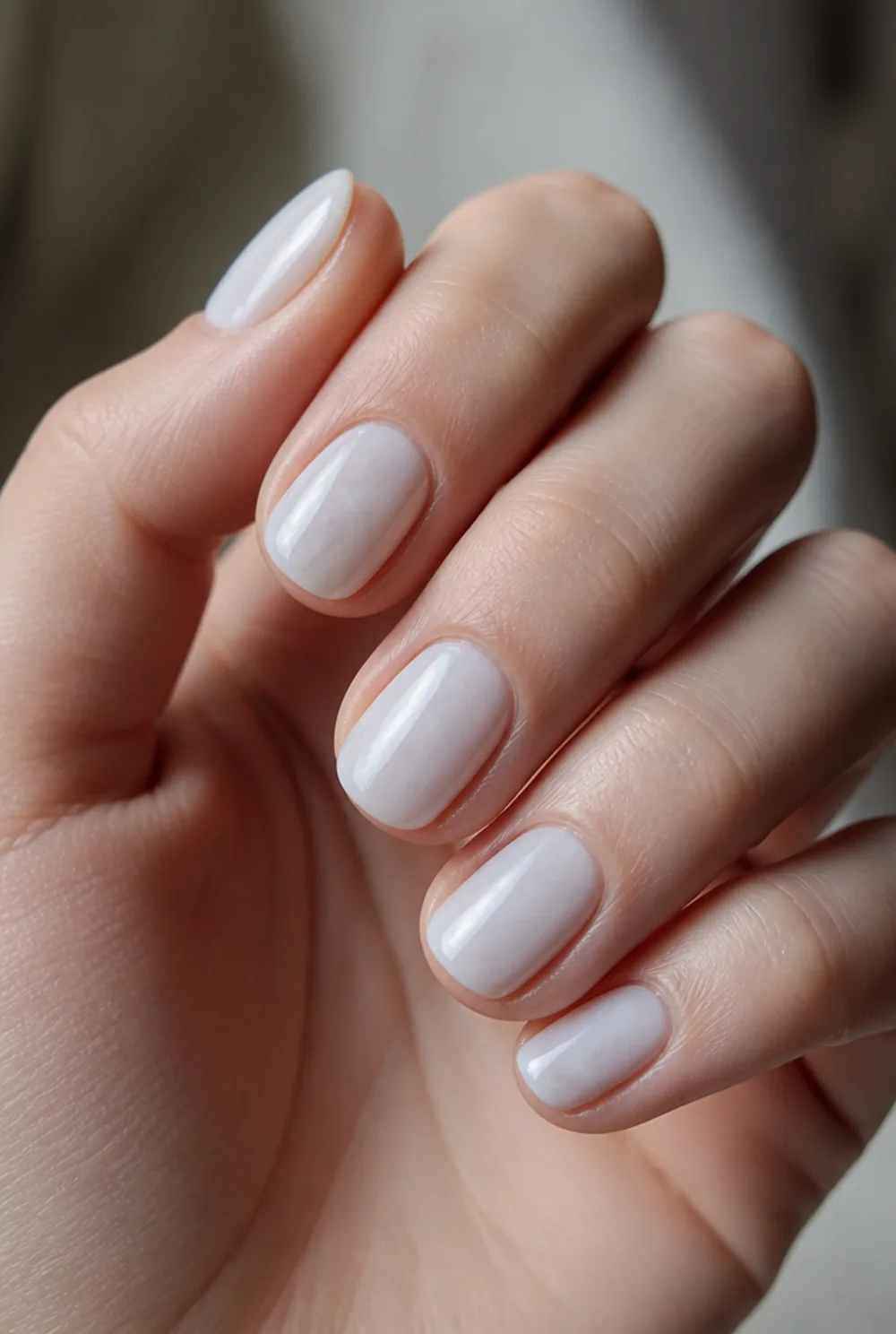 milky alabaster nail art on fair skin, short length