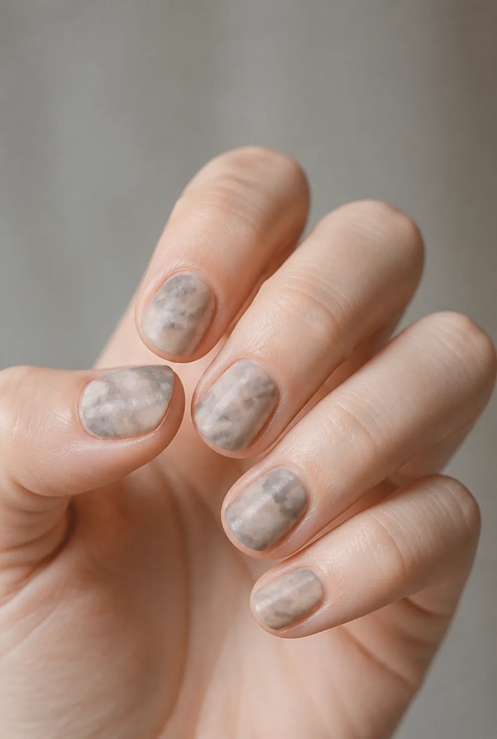 matte marble nail art on fair skin, short length