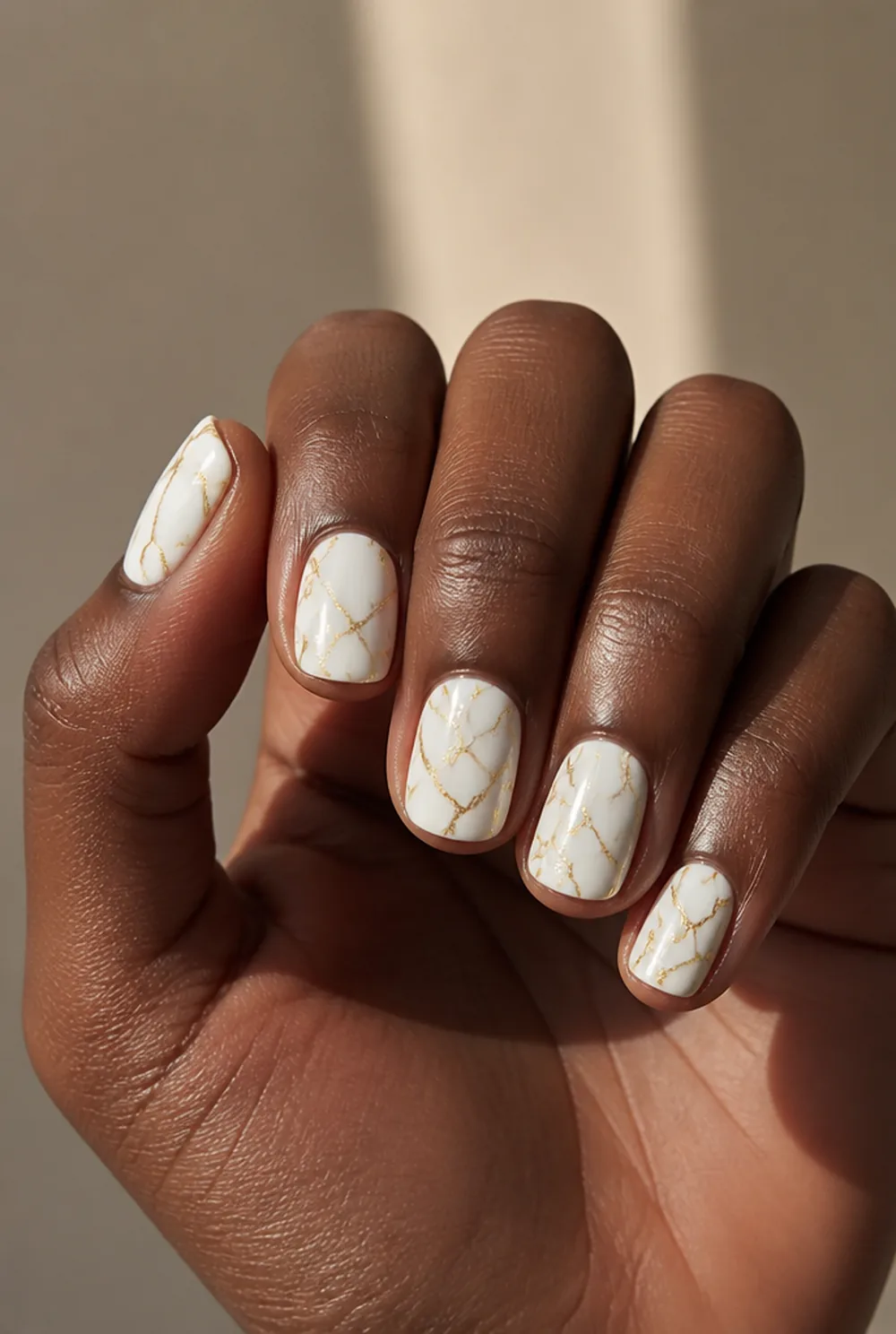 gold vein marble nail art on deep brown skin