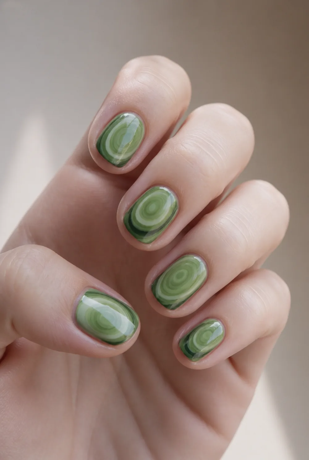 green malachite nail art on fair skin, short length