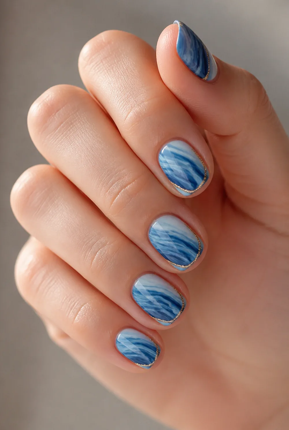 blue agate nail art on fair skin, short length