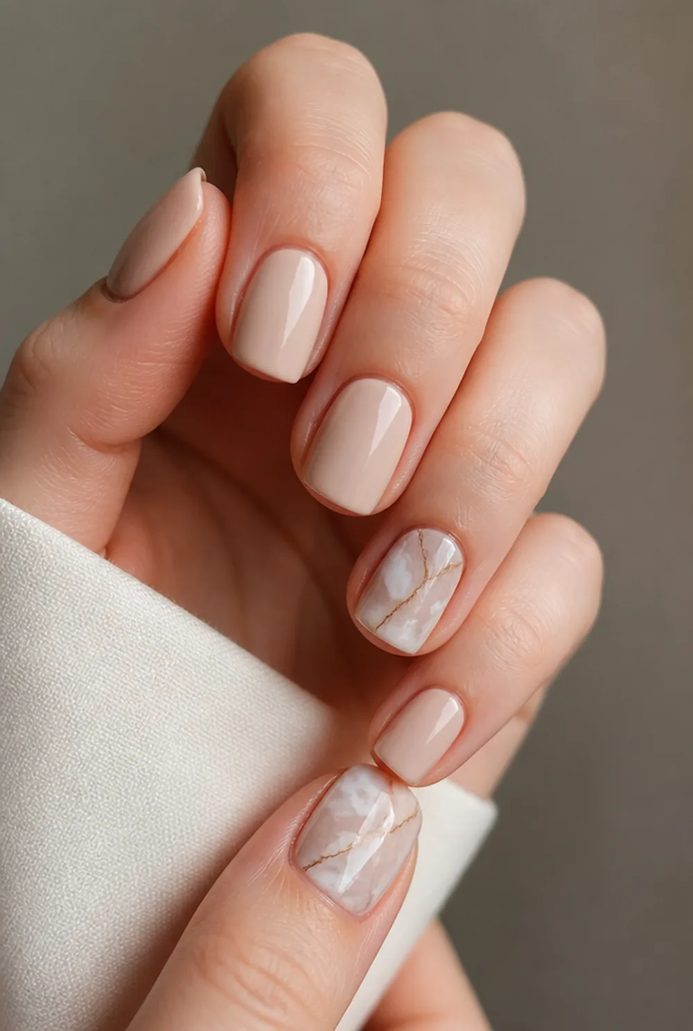 marble accent nails only nail art on fair skin, short length
