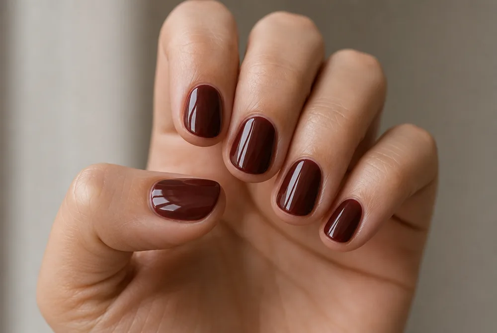 maroon brick burgundy nails on short round nails