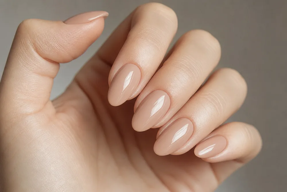 matched nude wedding guest nails on almond shape