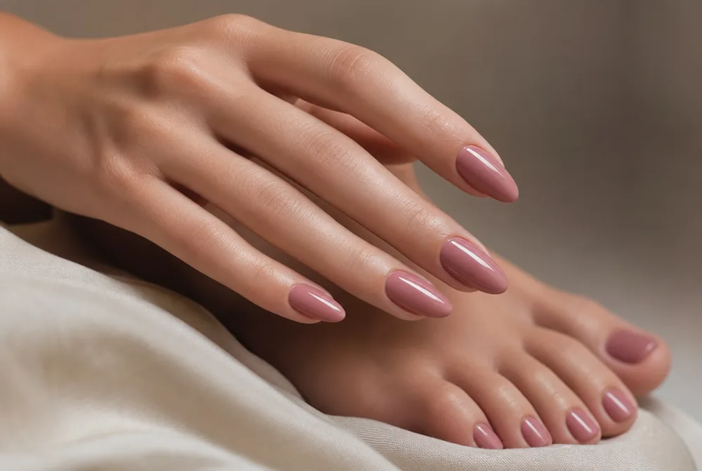 matching almond nails and pedicure in the same color