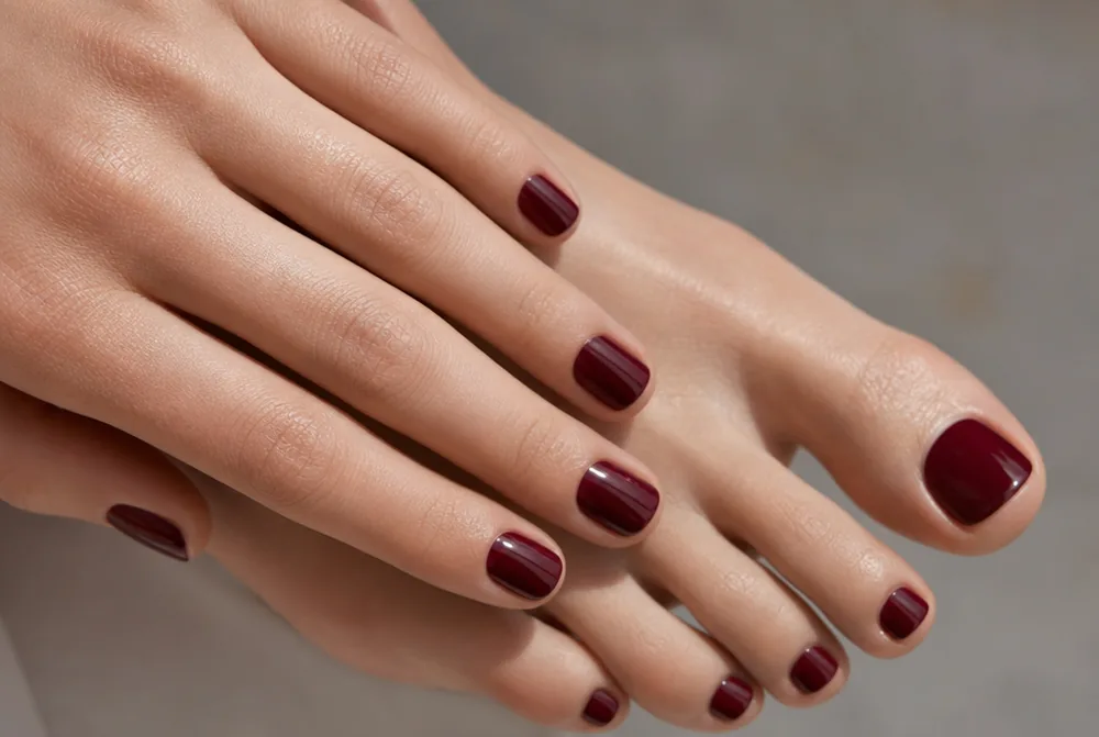 matching burgundy nails and pedicure