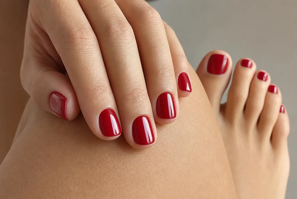 matching red Valentines nails and pedicure