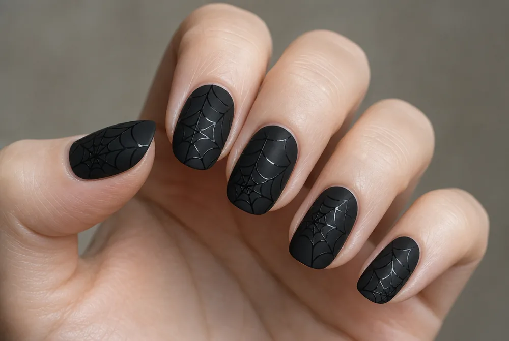 matte black nails with glossy web detail for October