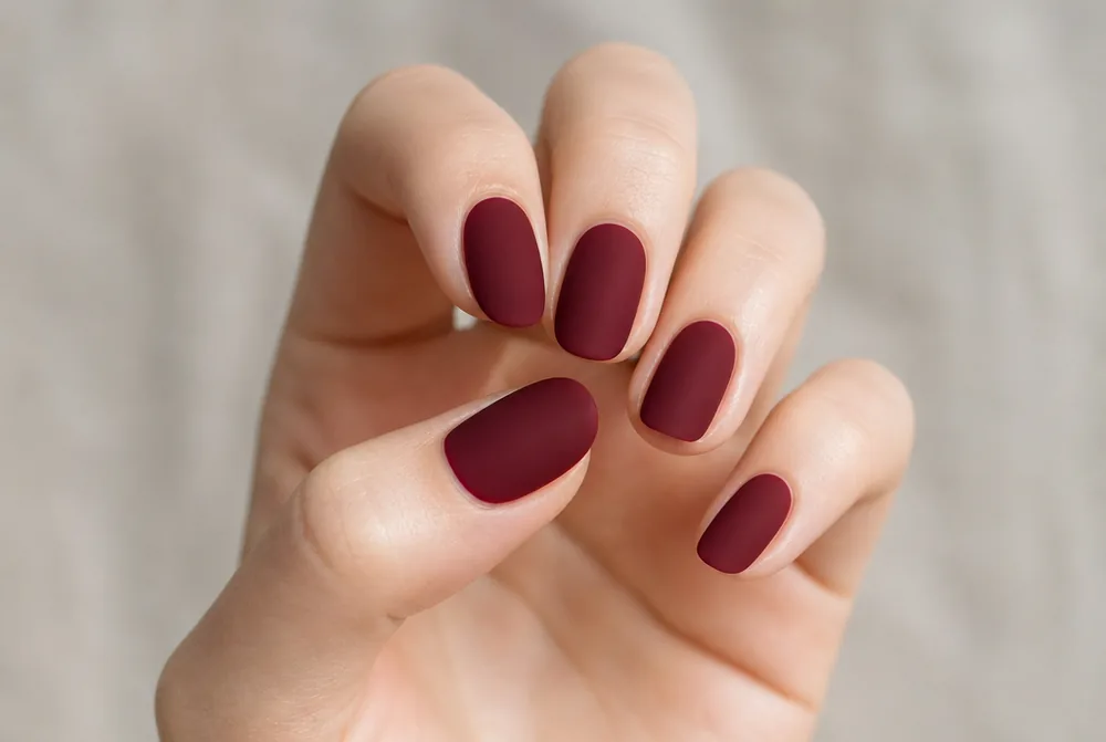matte burgundy wine nails with velvet finish