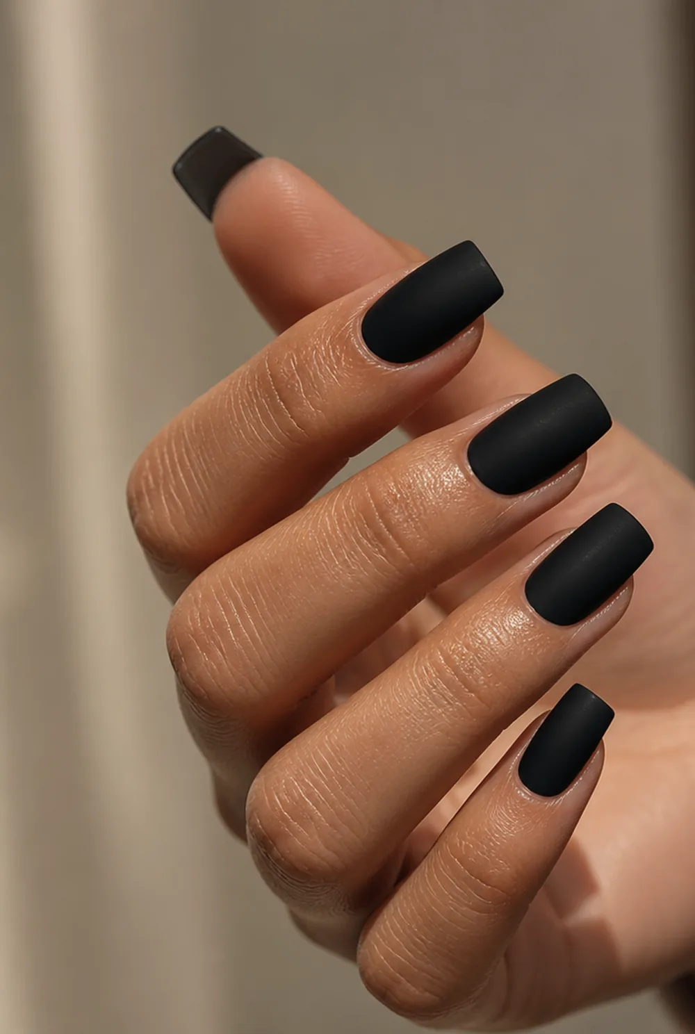matte black nail art on olive skin, long length
