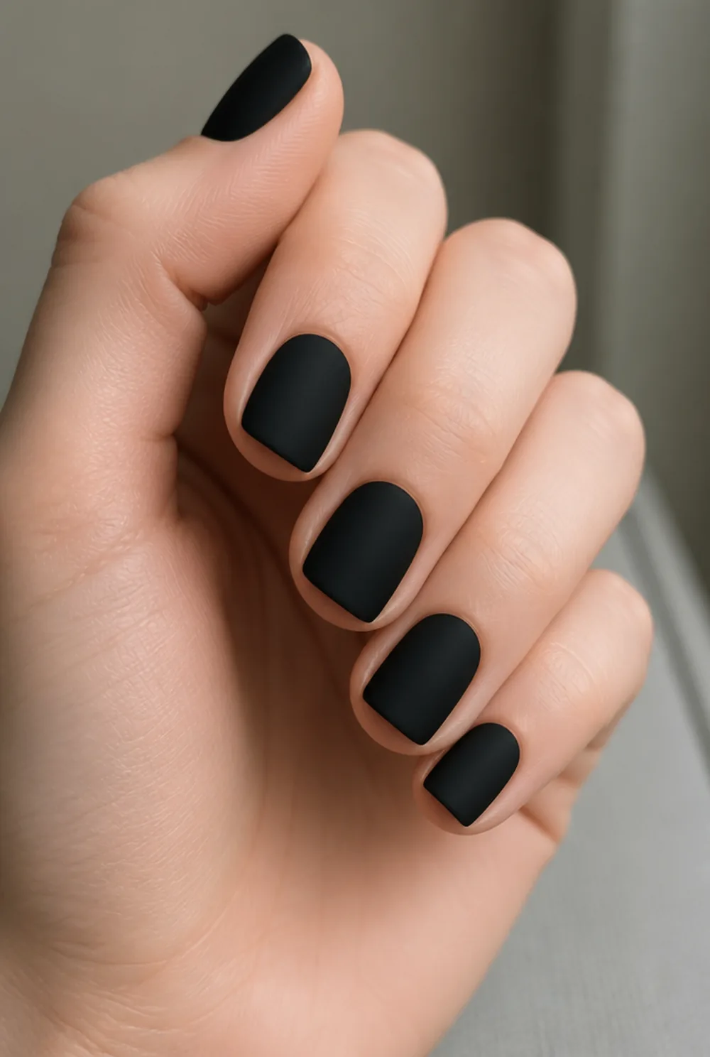 matte black nail art on fair skin, short length