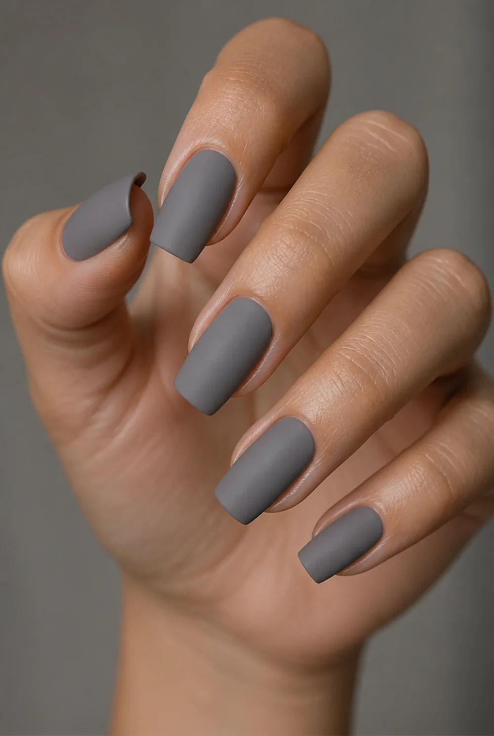 matte grey nail art on olive skin, long length