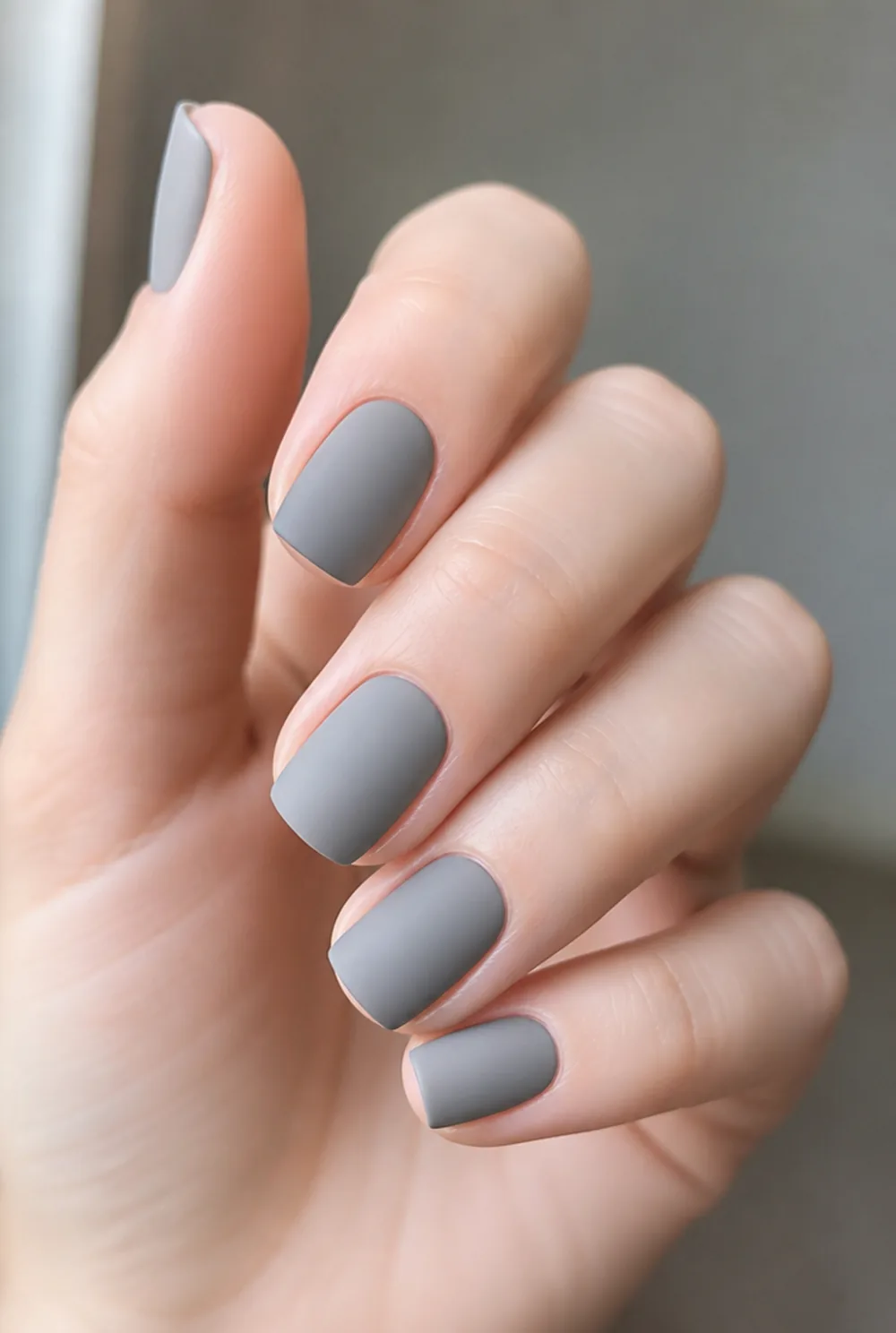 matte grey nail art on fair skin, short length