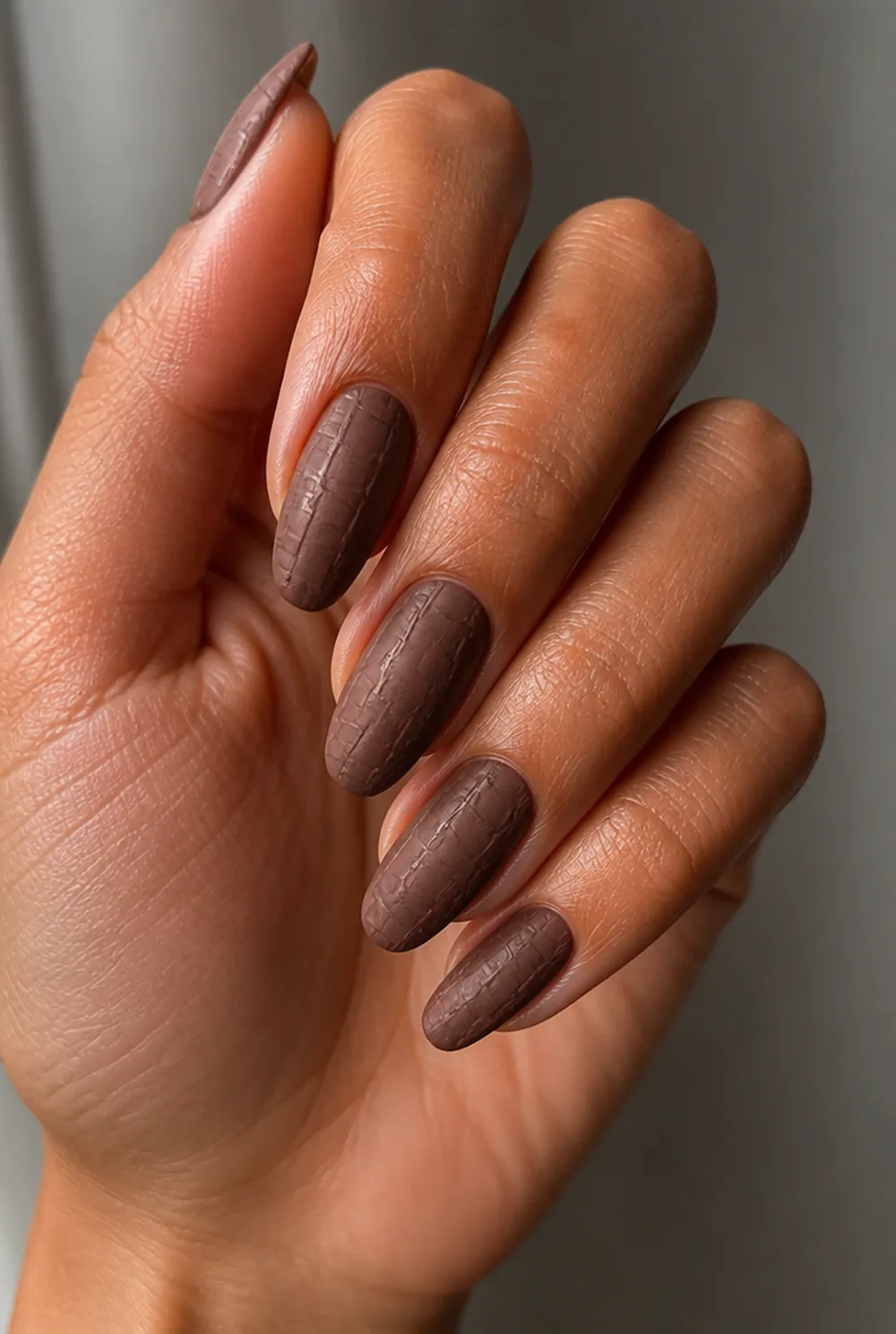 matte croc print nail art on olive skin, long length