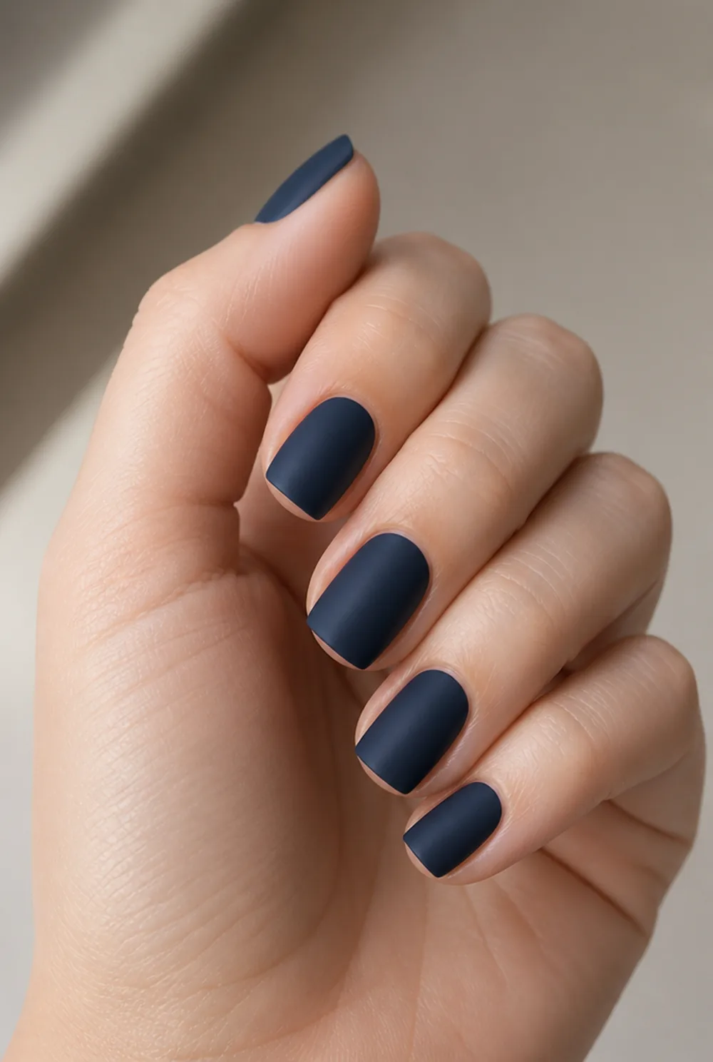 matte navy nail art on fair skin, short length