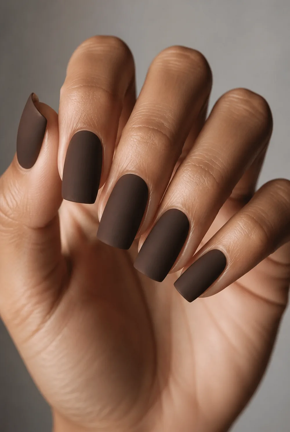 matte espresso nail art on olive skin, long length