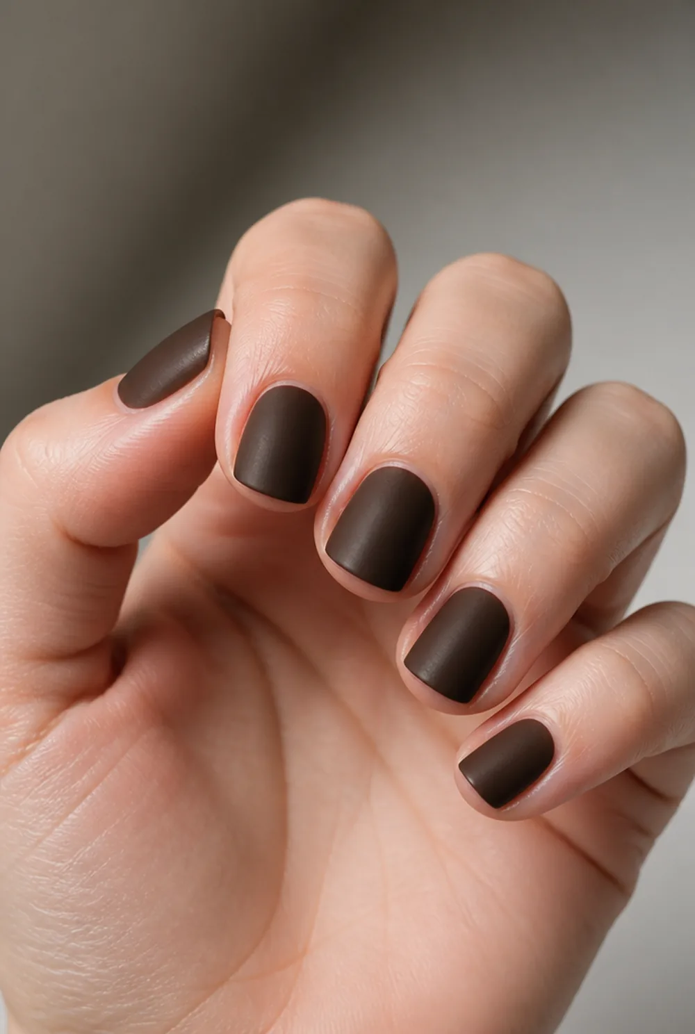 matte espresso nail art on fair skin, short length