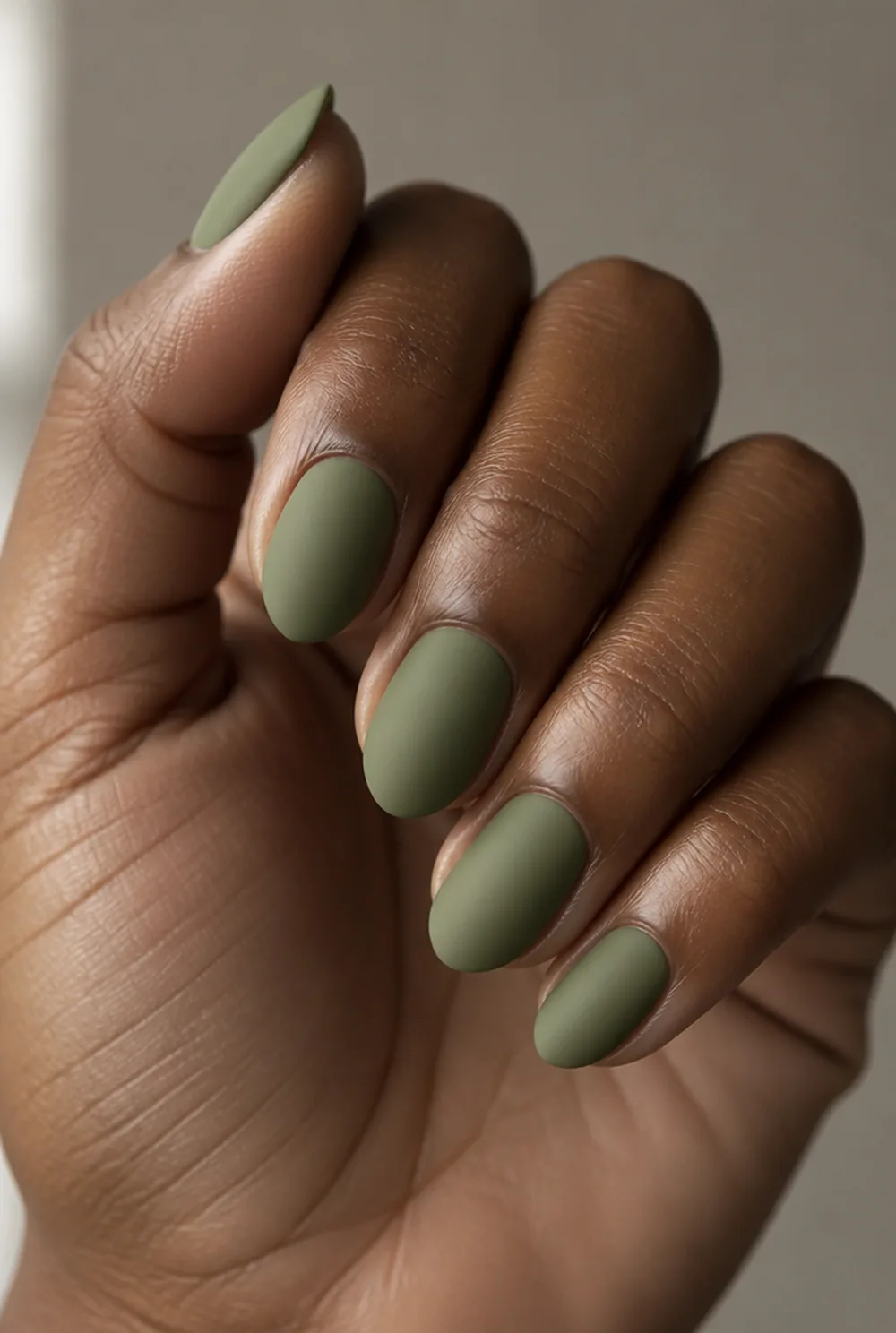 matte olive nail art on deep brown skin