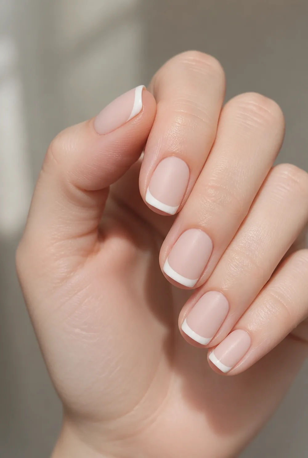 matte french tip nail art on fair skin, short length