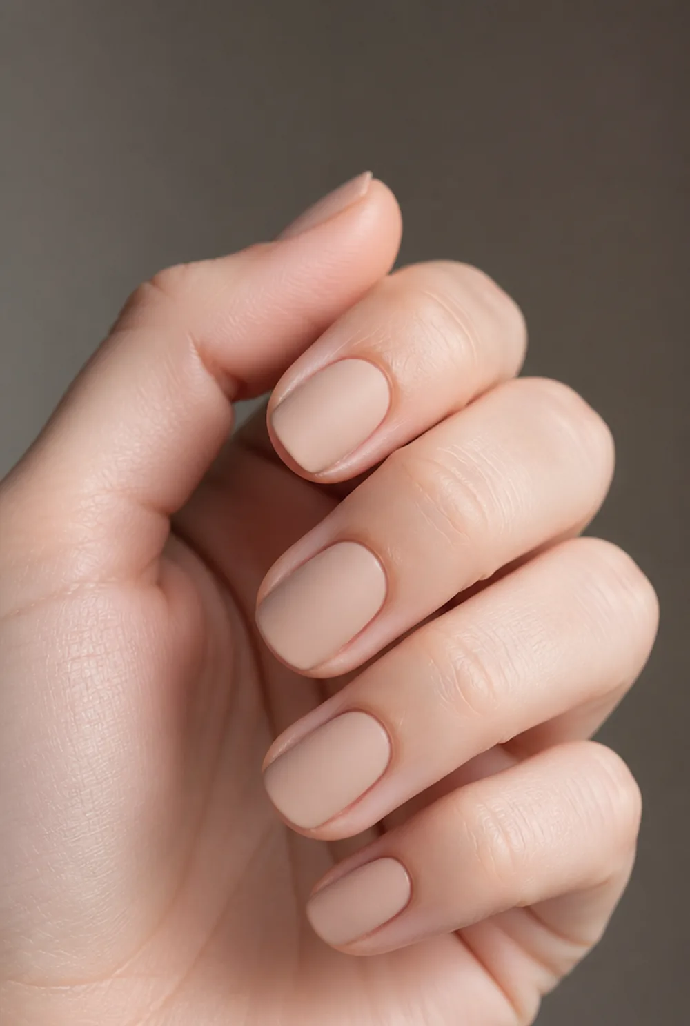 matte nude nail art on fair skin, short length