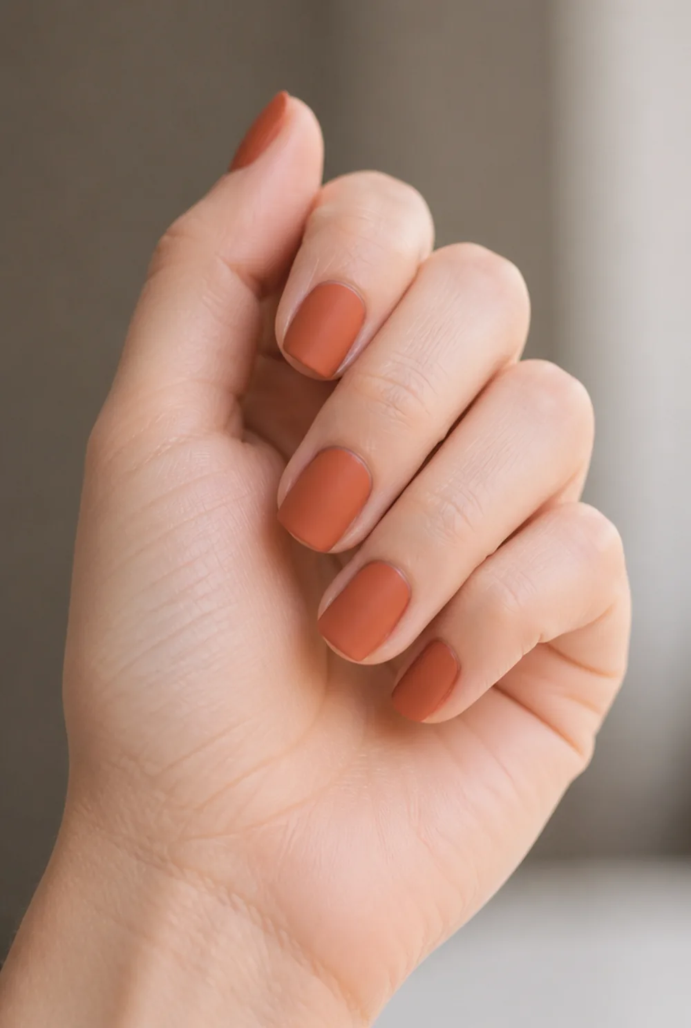 matte terracotta nail art on fair skin, short length