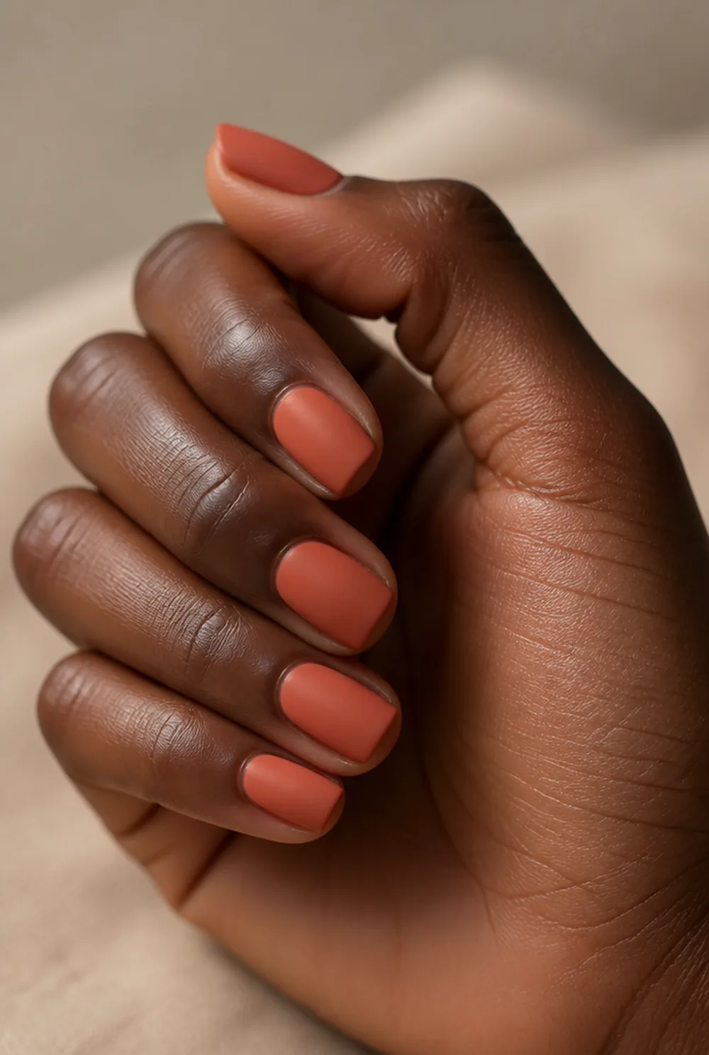 matte terracotta nail art on deep brown skin