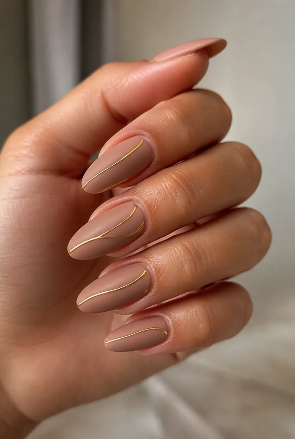 matte with gold line nail art on olive skin, long length