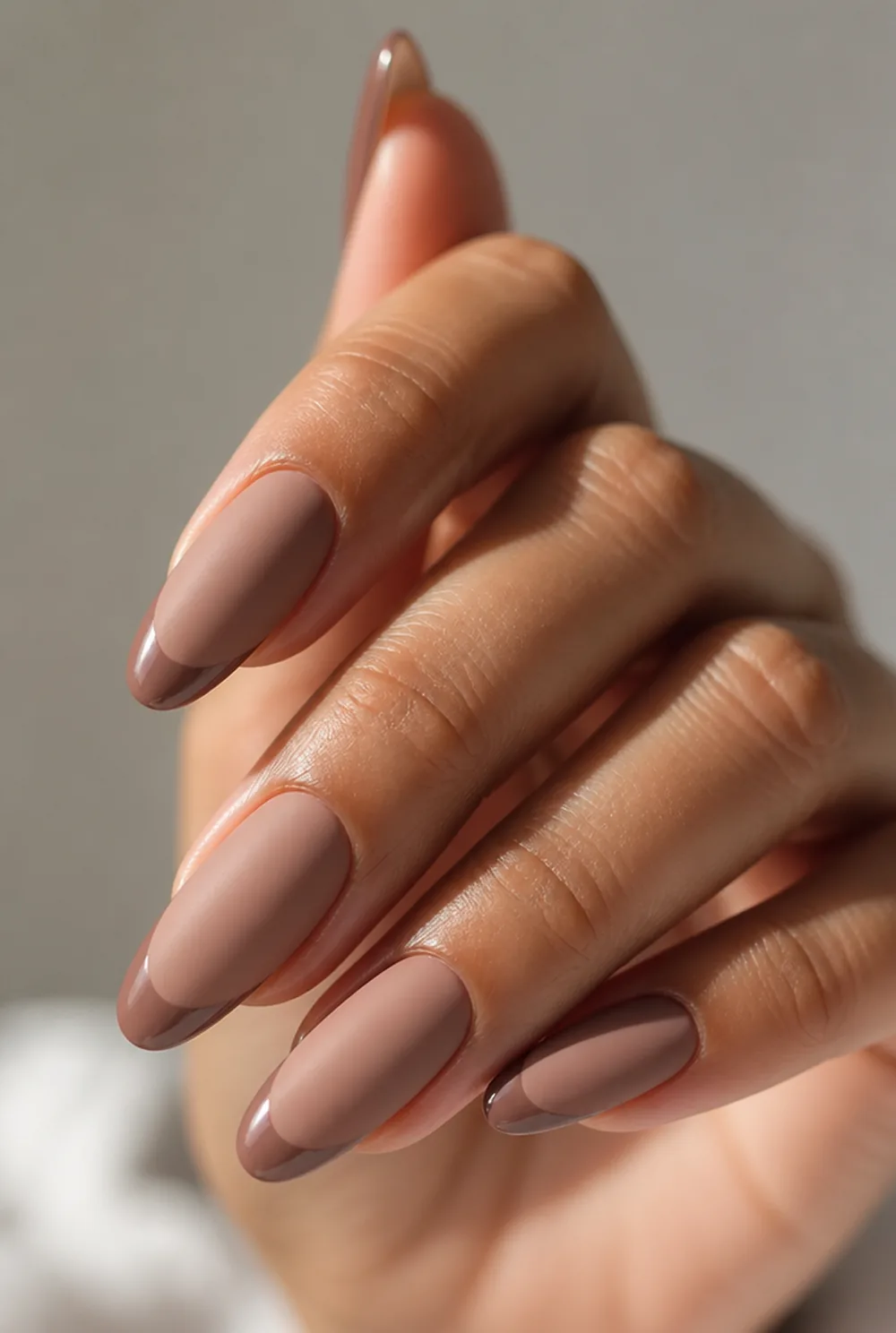 matte with glossy tips nail art on olive skin, long length