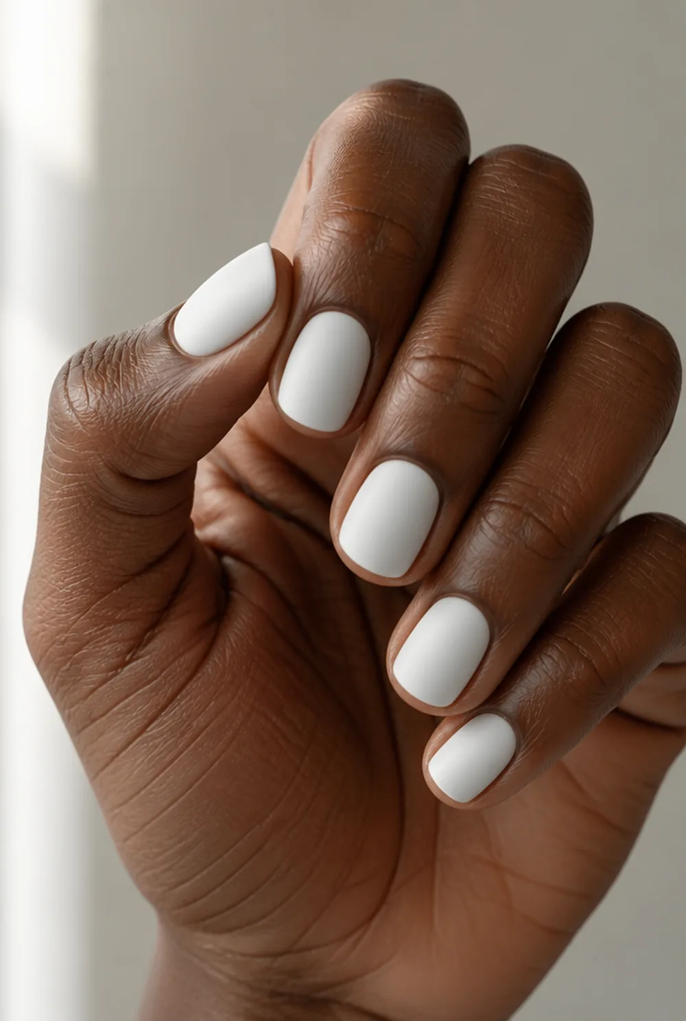 matte white nail art on deep brown skin