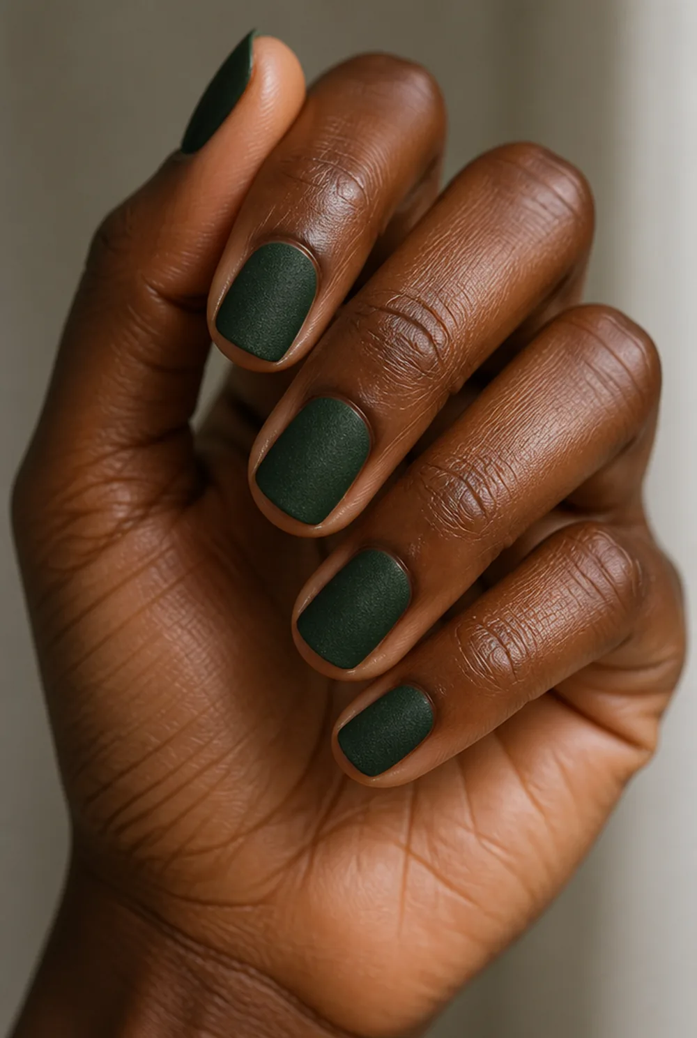 matte forest green nail art on deep brown skin