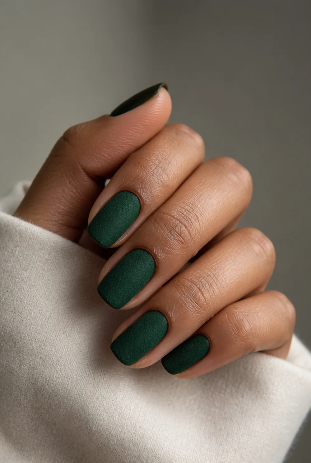 matte forest green nail art on olive skin, long length
